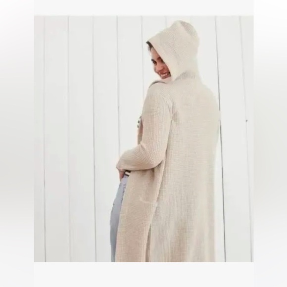 Jenni Kayne Hooded Waffle Knit Cardigan Sweater Oatmeal Wool Cashmere size Small - Picture 7 of 9